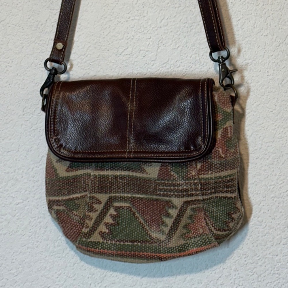 Myra Bag Geometric Kilim Woven Leather Flap Crossbody Bag Brown Green S-1296